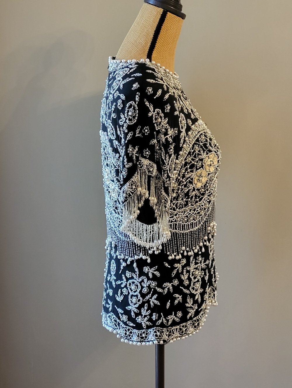 Oleg Cassini Black Tie Vintage 80s Black Silk Beaded Top Large - Picture 9 of 11